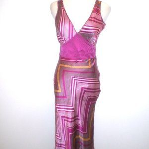 STE 212 100% silk dress Pink zig zag bias cut midi v back prom party wedding S